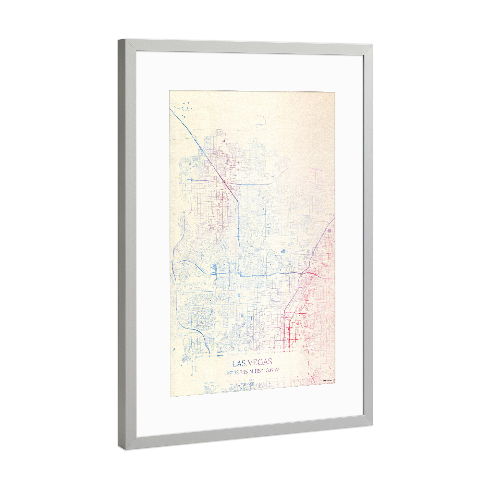 Poster mit Rahmen Silber "Las-Vegas USA Map Rose And Serenity I" artboxONE - Städte,Reise,Kartografie - Städte,Stadtkarte,Wasserfarbe,Rosequartz