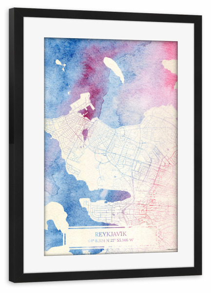 Poster mit Rahmen schwarz "Reykjavík Island Map Rose And Serenity II" artboxONE - Städte,Reise,Kartografie - Städte,Stadtkarte,Wasserfarbe,Rosequartz