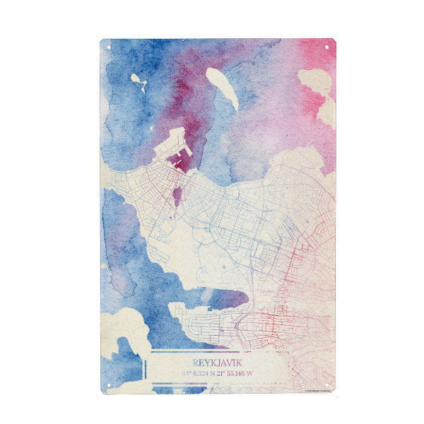 Metall Poster "Reykjavík Island Map Rose And Serenity II" artboxONE - Städte,Reise,Kartografie - Städte,Stadtkarte,Wasserfarbe,Rosequartz