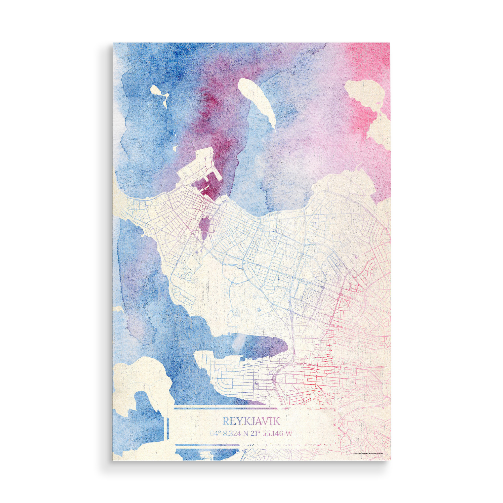 Holzbild "Reykjavík Island Map Rose And Serenity II" artboxONE - Städte,Reise,Kartografie - Städte,Stadtkarte,Wasserfarbe,Rosequartz