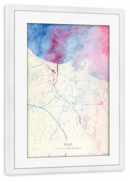 Poster mit Rahmen weiß "Bari Italien Map Rose And Serenity I" artboxONE - Städte,Reise,Kartografie - Städte,Stadtkarte,Wasserfarbe,Rosequartz