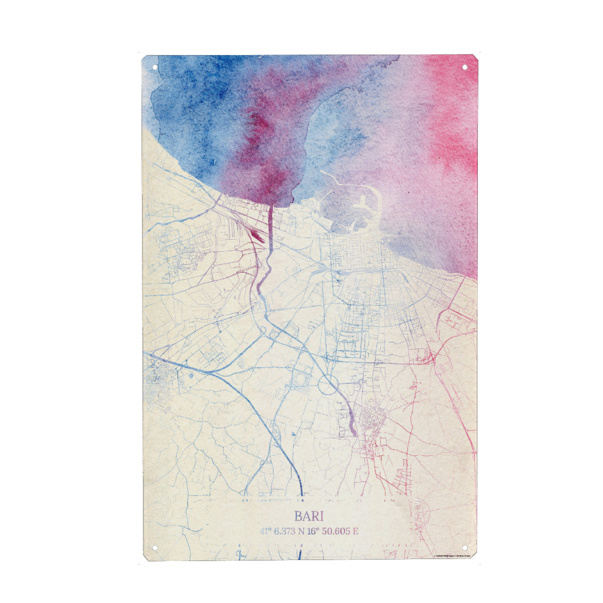 Metall Poster "Bari Italien Map Rose And Serenity I" artboxONE - Städte,Reise,Kartografie - Städte,Stadtkarte,Wasserfarbe,Rosequartz - Blechschild