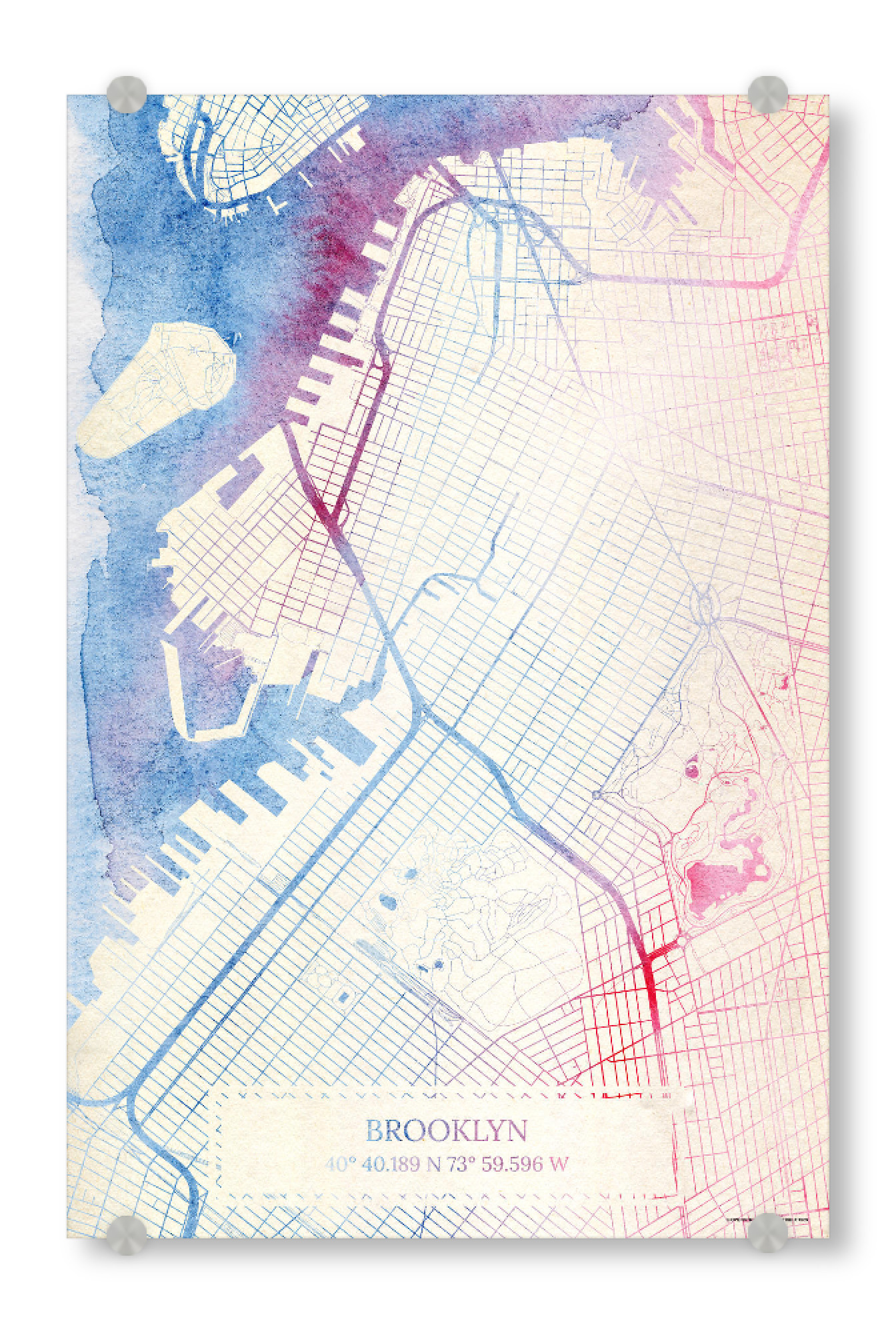 Acrylglasbild "Brooklyn USA Map Rose And Serenity I" artboxONE - Städte,Reise,Kartografie - Städte,Stadtkarte,Wasserfarbe,Rosequartz