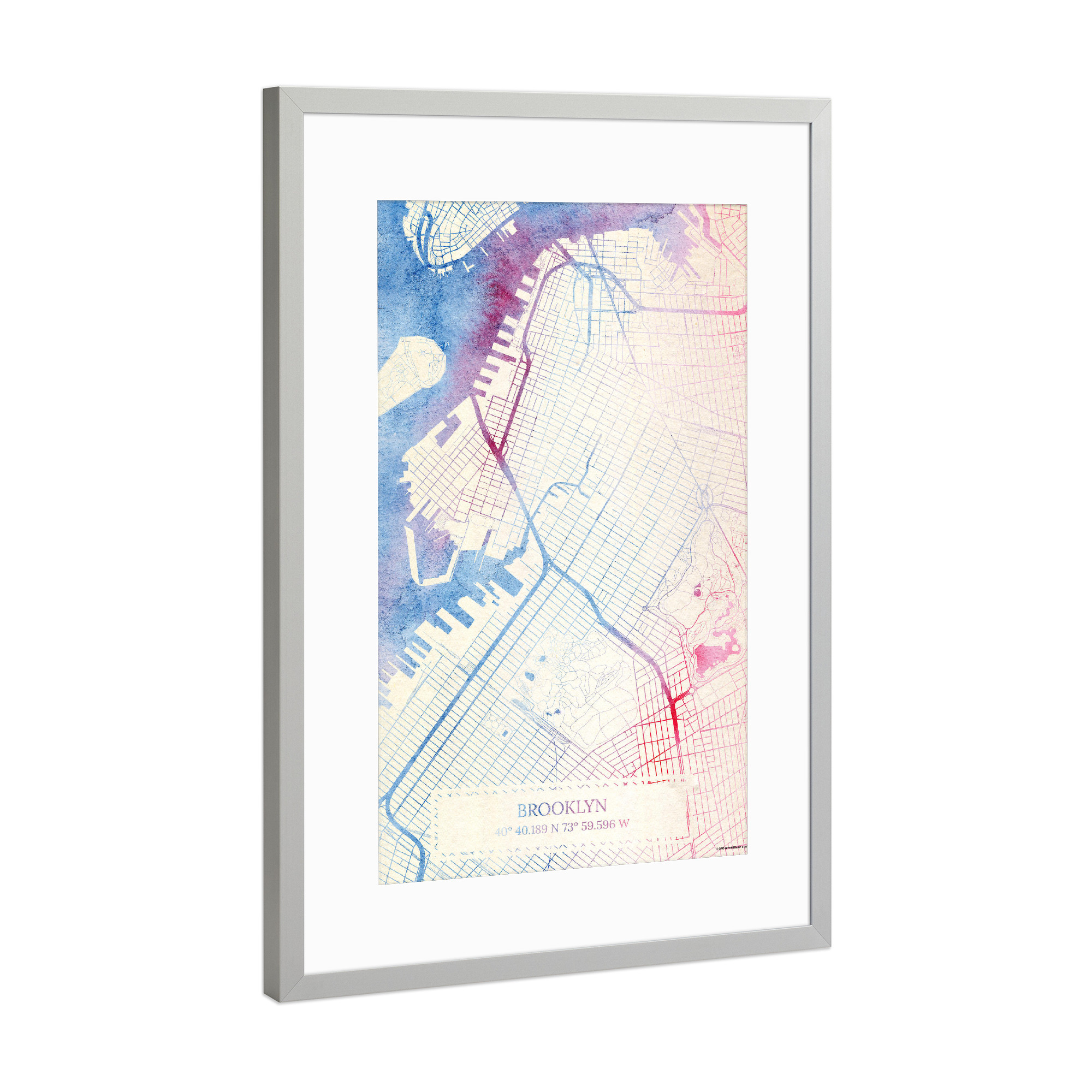 Poster mit Rahmen Silber "Brooklyn USA Map Rose And Serenity I" artboxONE - Städte,Reise,Kartografie - Städte,Stadtkarte,Wasserfarbe,Rosequartz