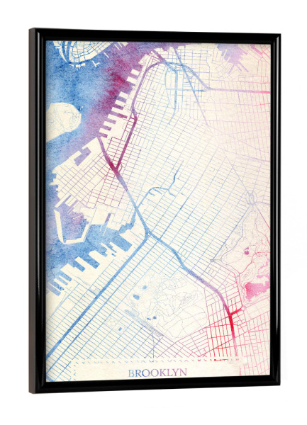 Poster mit schwarzem Rahmen "Brooklyn USA Map Rose And Serenity I" artboxONE - Städte,Reise,Kartografie - Städte,Stadtkarte,Wasserfarbe,Rosequartz