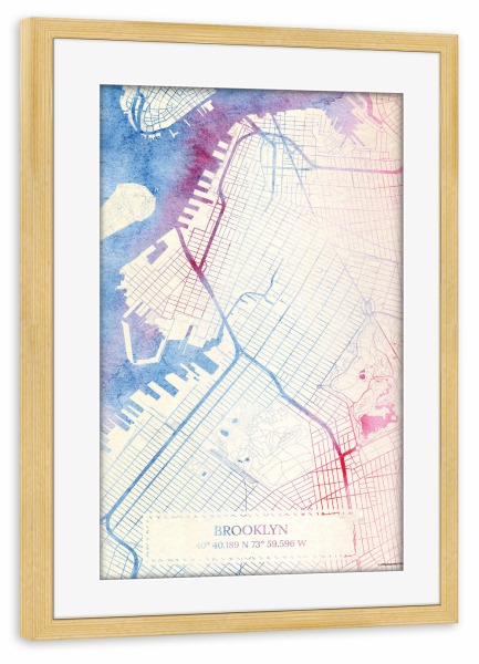 Poster mit Rahmen kiefer "Brooklyn USA Map Rose And Serenity I" artboxONE - Städte,Reise,Kartografie - Städte,Stadtkarte,Wasserfarbe,Rosequartz
