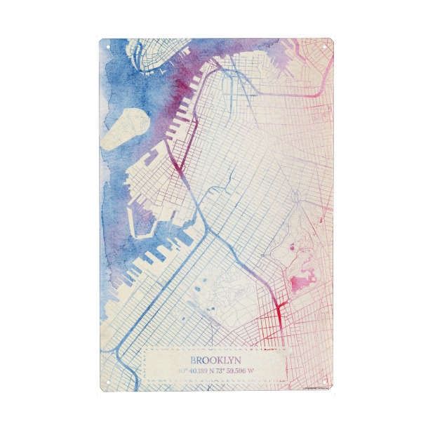 Metall Poster "Brooklyn USA Map Rose And Serenity I" artboxONE - Städte,Reise,Kartografie - Städte,Stadtkarte,Wasserfarbe,Rosequartz - Blechschild