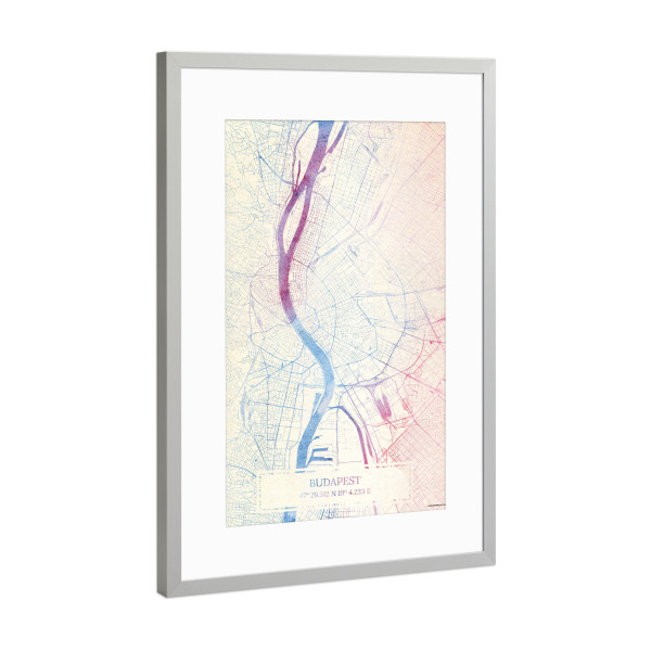 Poster mit Rahmen Silber "Budapest Ungarn Map Rose And Serenity II" artboxONE - Städte,Reise,Kartografie - Städte,Stadtkarte,Wasserfarbe,Rosequartz