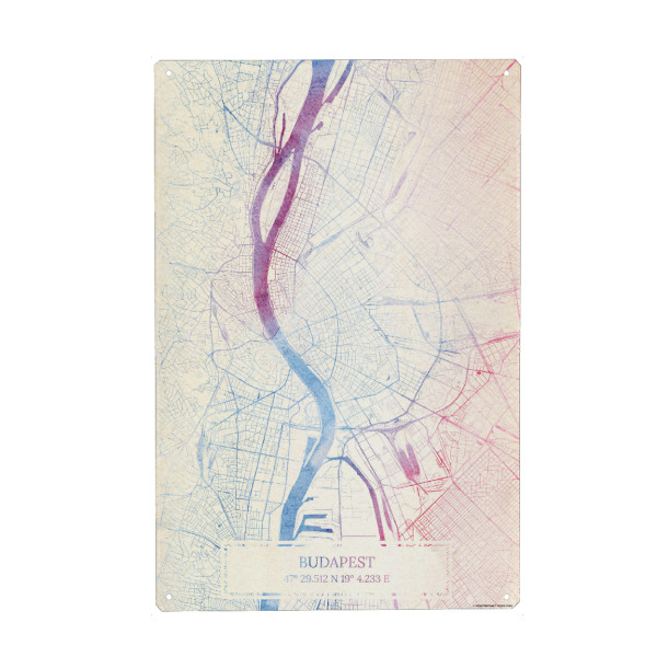 Metall Poster "Budapest Ungarn Map Rose And Serenity II" artboxONE - Städte,Reise,Kartografie - Städte,Stadtkarte,Wasserfarbe,Rosequartz