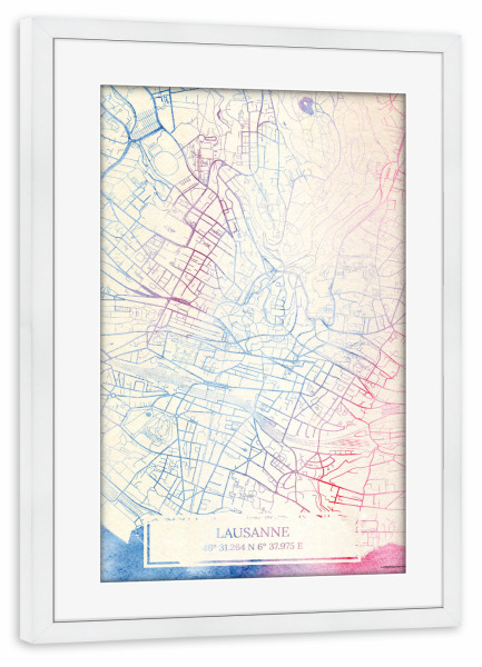 Poster mit Rahmen weiß "Lausanne Schweiz Map Rose And Serenity I" artboxONE - Städte,Reise,Kartografie - Städting,Stadtkarte,Wasserfarbe,Rosequartz