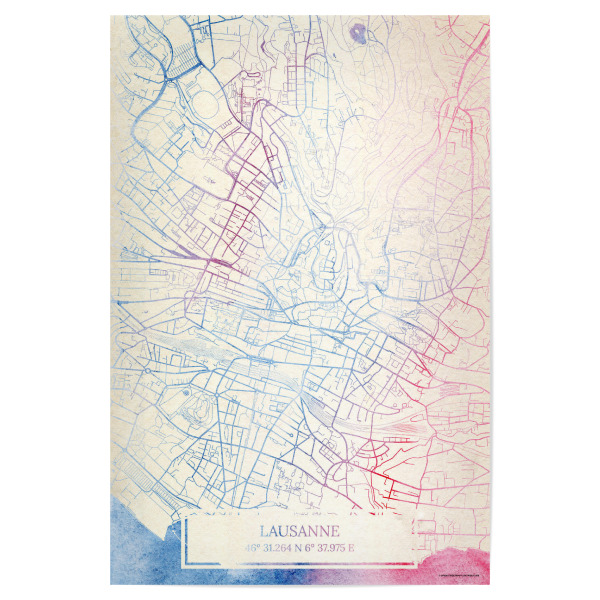 Poster 30x20 cm "Lausanne Schweiz Map Rose And Serenity I" artboxONE - Städte,Reise,Kartografie - Städting,Stadtkarte,Wasserfarbe,Rosequartz