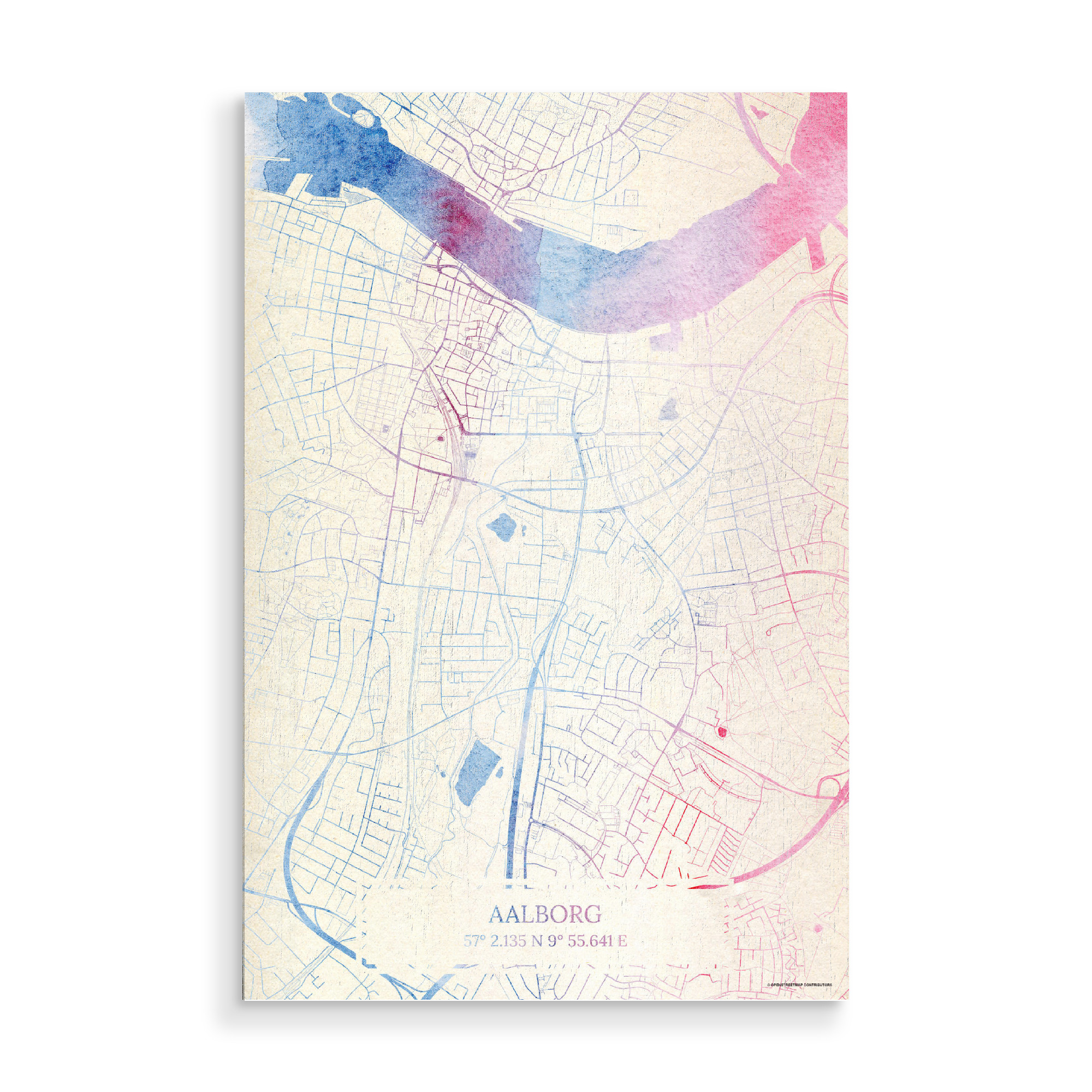 Holzbild "Aalborg Dänemark Map Rose And Serenity I" artboxONE - Städte,Reise,Kartografie - Städte,Stadtkarte,Wasserfarbe,Rosequartz