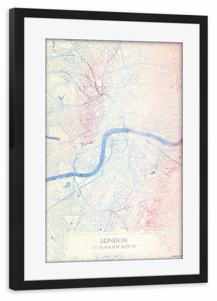 Poster mit Rahmen schwarz "London GB Map Rose And Serenity I" artboxONE - Städte,Reise,Kartografie - Städte,Stadtkarte,Wasserfarbe,Rosequartz