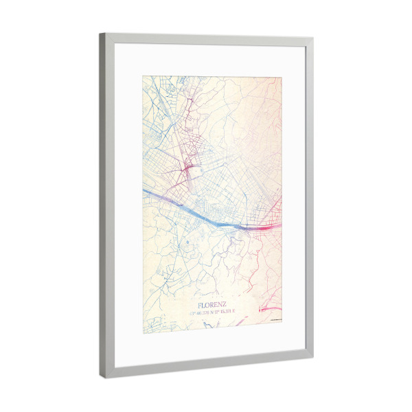 Poster mit Rahmen Silber "Florenz Italien Map Rose And Serenity I" artboxONE - Städte,Reise,Kartografie - Städte,Stadtkarte,Wasserfarbe,Rosequartz