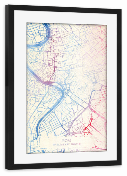 Poster mit Rahmen schwarz "Rom Italien Map Rose And Serenity II" artboxONE - Städte,Reise,Kartografie - Städte,Stadtkarte,Wasserfarbe,Rosequartz