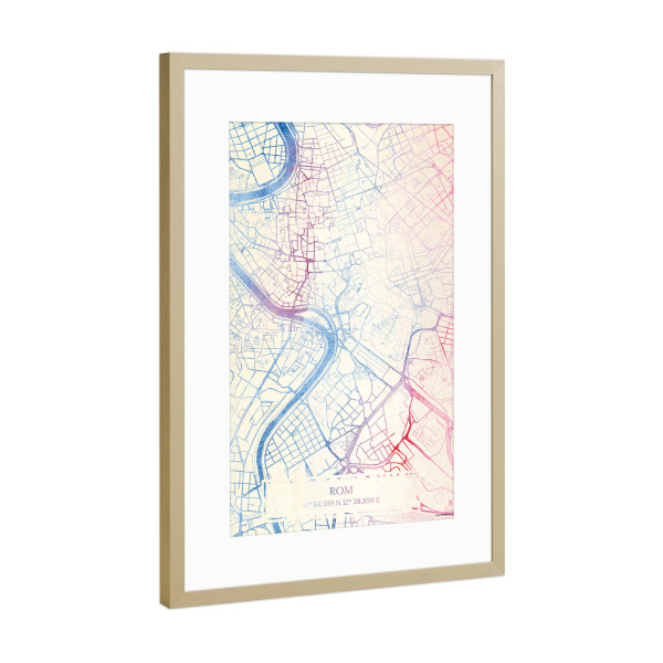Poster mit Rahmen Gold "Rom Italien Map Rose And Serenity II" artboxONE - Städte,Reise,Kartografie - Städte,Stadtkarte,Wasserfarbe,Rosequartz
