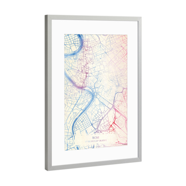 Poster mit Rahmen Silber "Rom Italien Map Rose And Serenity II" artboxONE - Städte,Reise,Kartografie - Städte,Stadtkarte,Wasserfarbe,Rosequartz