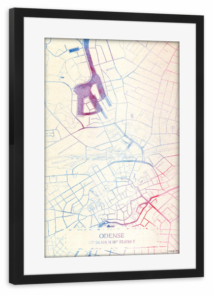 Poster mit Rahmen schwarz "Odense Dänemark Map Rose And Serenity II" artboxONE - Städte,Reise,Kartografie - Städte,Stadtkarte,Wasserfarbe,Rosequartz