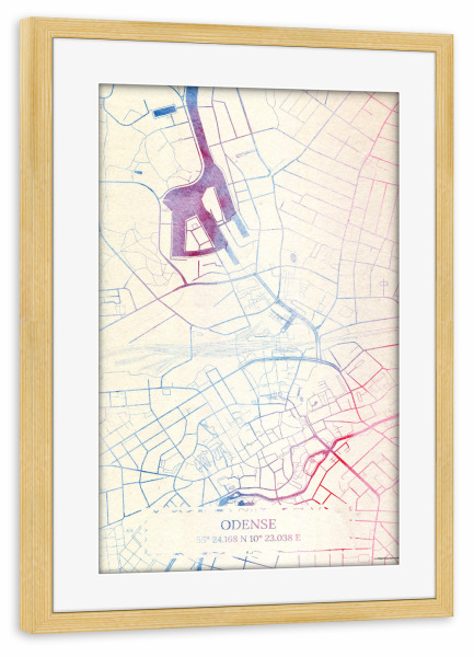 Poster mit Rahmen kiefer "Odense Dänemark Map Rose And Serenity II" artboxONE - Städte,Reise,Kartografie - Städte,Stadtkarte,Wasserfarbe,Rosequartz