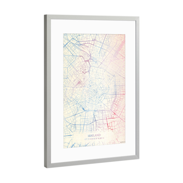 Poster mit Rahmen Silber "Mailand Italien Map Rose And Serenity III" artboxONE - Städte,Reise,Kartografie - Städte,Stadtkarte,Wasserfarbe,Rosequartz