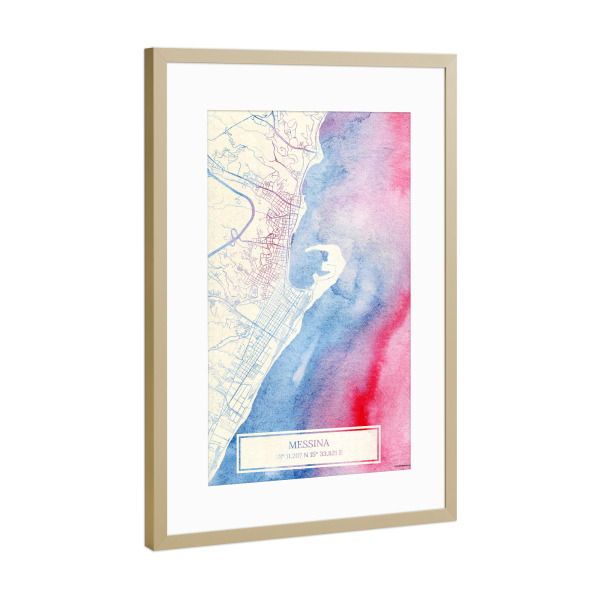 Poster mit Rahmen Gold "Messina Italien Map Rose And Serenity I" artboxONE - Städte,Reise,Kartografie - Städte,Stadtkarte,Wasserfarbe,Rosequartz