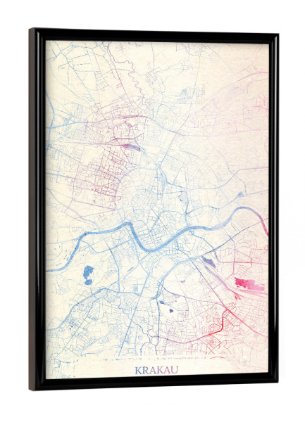 Poster mit schwarzem Rahmen "Krakau Polen Map Rose And Serenity II" artboxONE - Städte,Reise,Kartografie - Städte,Stadtkarte,Wasserfarbe,Rosequartz