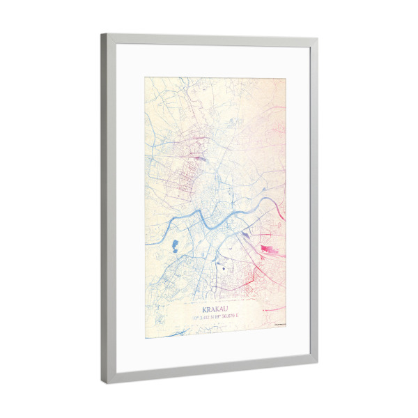 Poster mit Rahmen Silber "Krakau Polen Map Rose And Serenity II" artboxONE - Städte,Reise,Kartografie - Städte,Stadtkarte,Wasserfarbe,Rosequartz