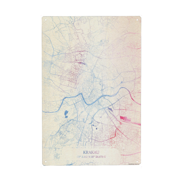 Metall Poster "Krakau Polen Map Rose And Serenity II" artboxONE - Städte,Reise,Kartografie - Städte,Stadtkarte,Wasserfarbe,Rosequartz - Blechschild