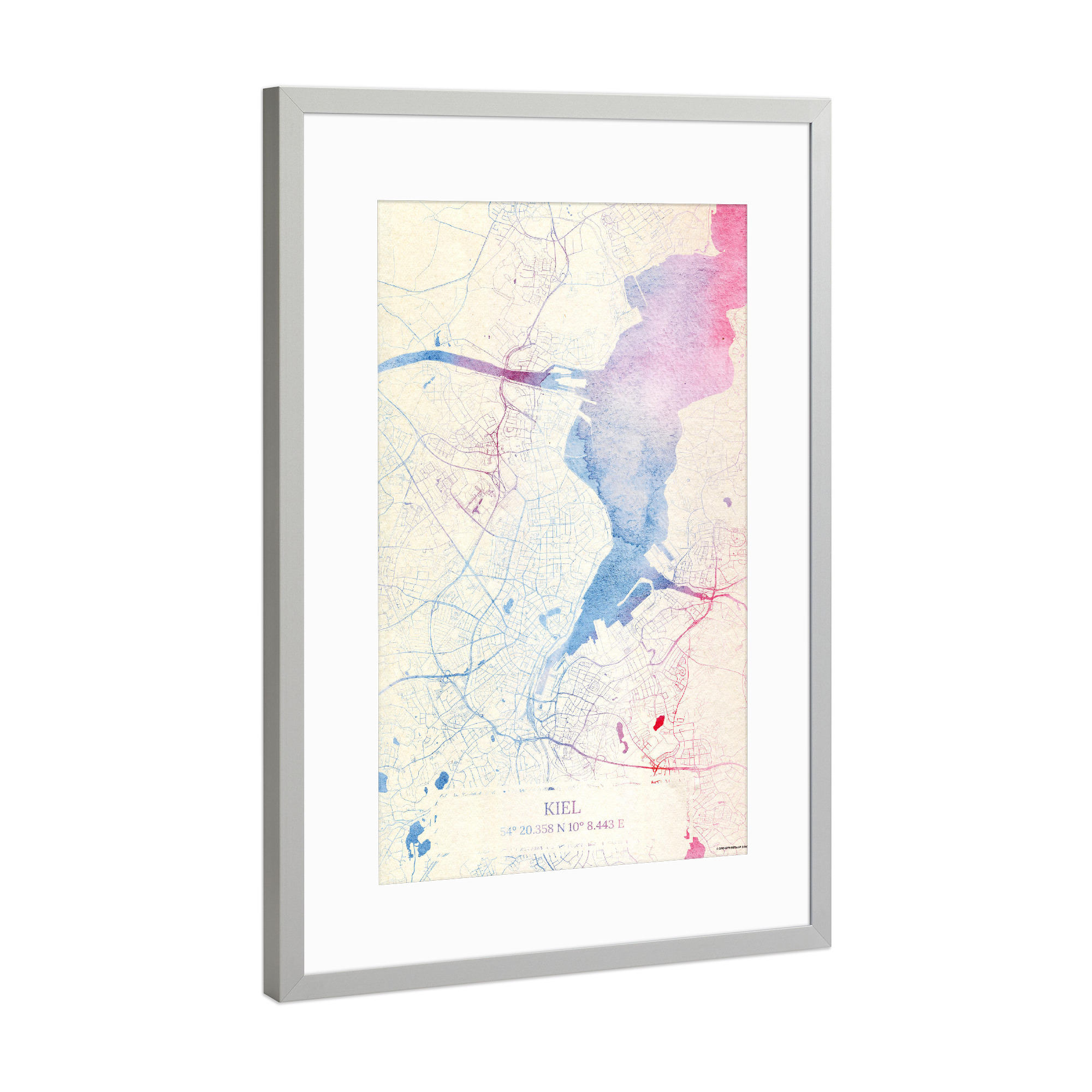 Poster mit Rahmen Silber "Kiel Deutschland Map Rose And Serenity II" artboxONE - Städte,Reise,Kartografie - Städting,Stadtkarte,Wasserfarbe,Rosequartz