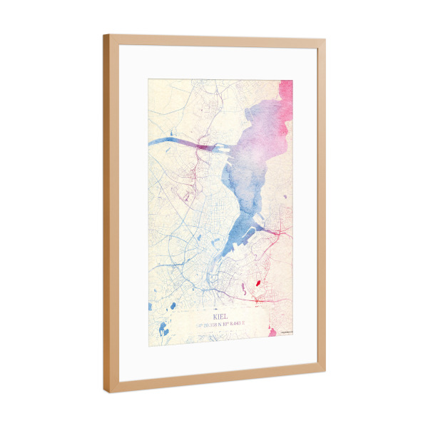 Poster mit Rahmen Kupfer "Kiel Deutschland Map Rose And Serenity II" artboxONE - Städte,Reise,Kartografie - Städting,Stadtkarte,Wasserfarbe,Rosequartz