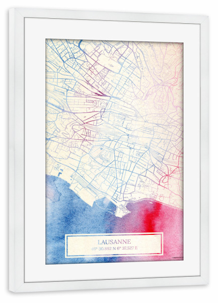 Poster mit Rahmen weiß "Lausanne Schweiz Map Rose And Serenity II" artboxONE - Städte,Reise,Kartografie - Städting,Stadtkarte,Wasserfarbe,Rosequartz
