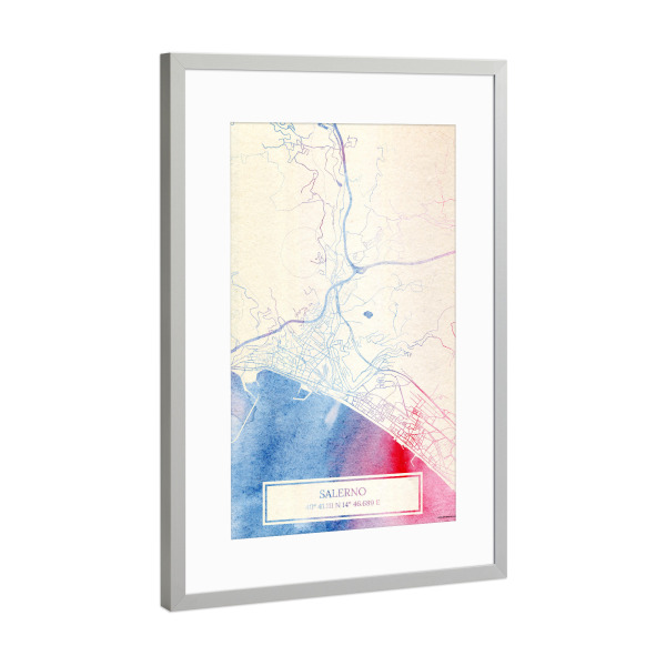 Poster mit Rahmen Silber "Salerno Italien Map Rose And Serenity I" artboxONE - Städte,Reise,Kartografie - Städte,Stadtkarte,Wasserfarbe,Rosequartz