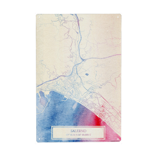 Holzbild "Salerno Italien Map Rose And Serenity I" artboxONE - Städte,Reise,Kartografie - Städte,Stadtkarte,Wasserfarbe,Rosequartz
