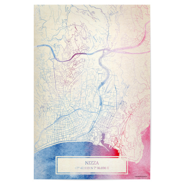 Poster 30x20 cm "Nizza Frankreich Map Rose And Serenity I" artboxONE - Städte,Reise,Kartografie - Städte,Stadtkarte,Wasserfarbe,Rosequartz