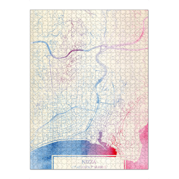Puzzle Ravensburger "Nizza Frankreich Map Rose And Serenity I" artboxONE - Städte,Reise,Kartografie - Städte,Stadtkarte,Wasserfarbe,Rosequartz
