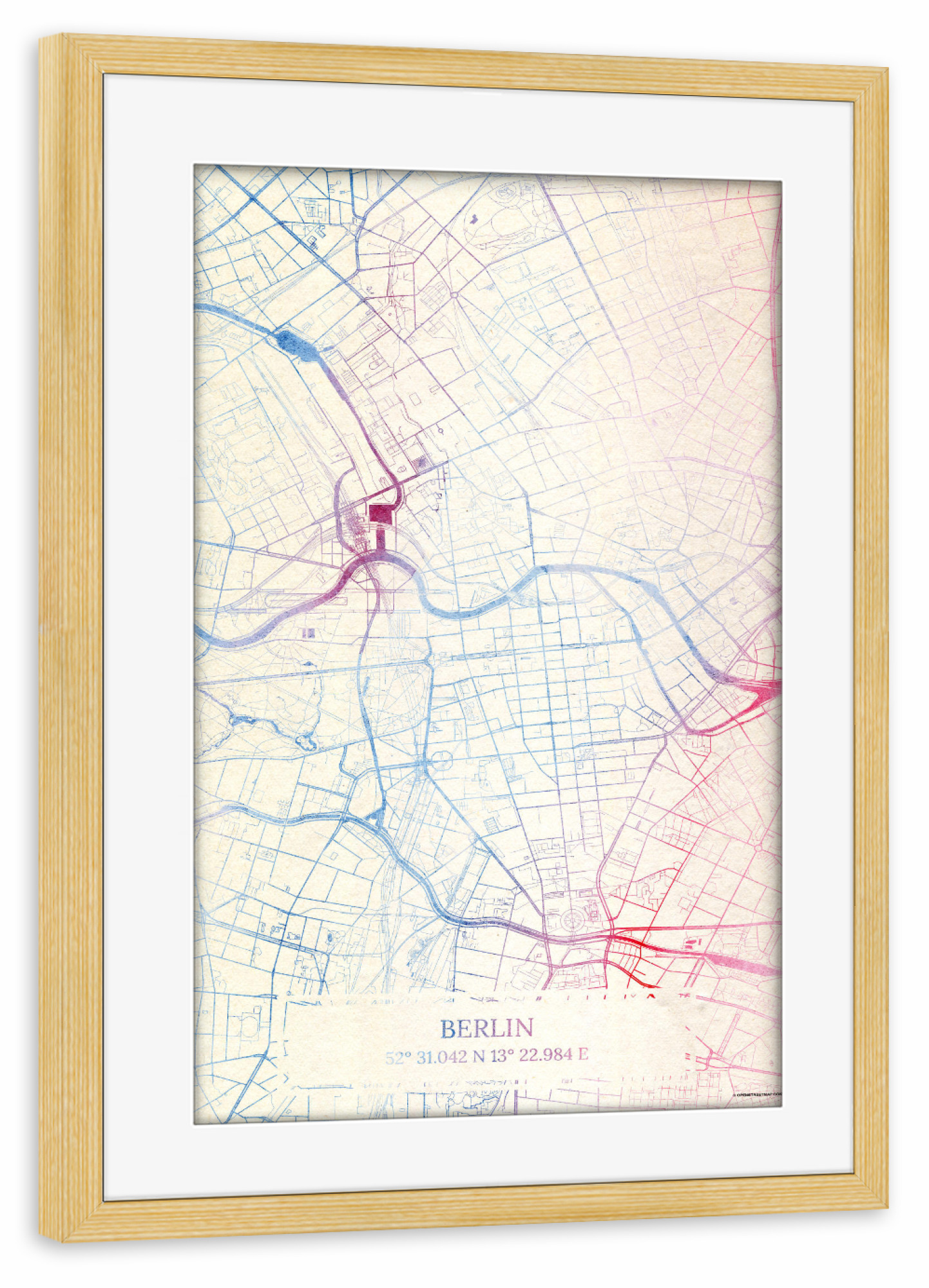 Poster mit Rahmen kiefer "Berlin Deutschland Map Rose And Serenity I" artboxONE - Städte,Reise,Kartografie