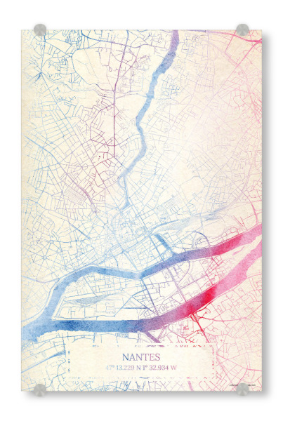 Acrylglasbild "Nantes Frankreich Map Rose And Serenity I" artboxONE - Städte,Reise,Kartografie - Städte,Stadtkarte,Wasserfarbe,Rosequartz
