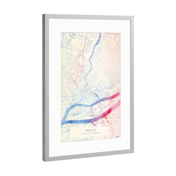 Poster mit Rahmen Silber "Nantes Frankreich Map Rose And Serenity I" artboxONE - Städte,Reise,Kartografie - Städte,Stadtkarte,Wasserfarbe,Rosequartz