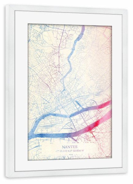 Poster mit Rahmen weiß "Nantes Frankreich Map Rose And Serenity I" artboxONE - Städte,Reise,Kartografie - Städte,Stadtkarte,Wasserfarbe,Rosequartz