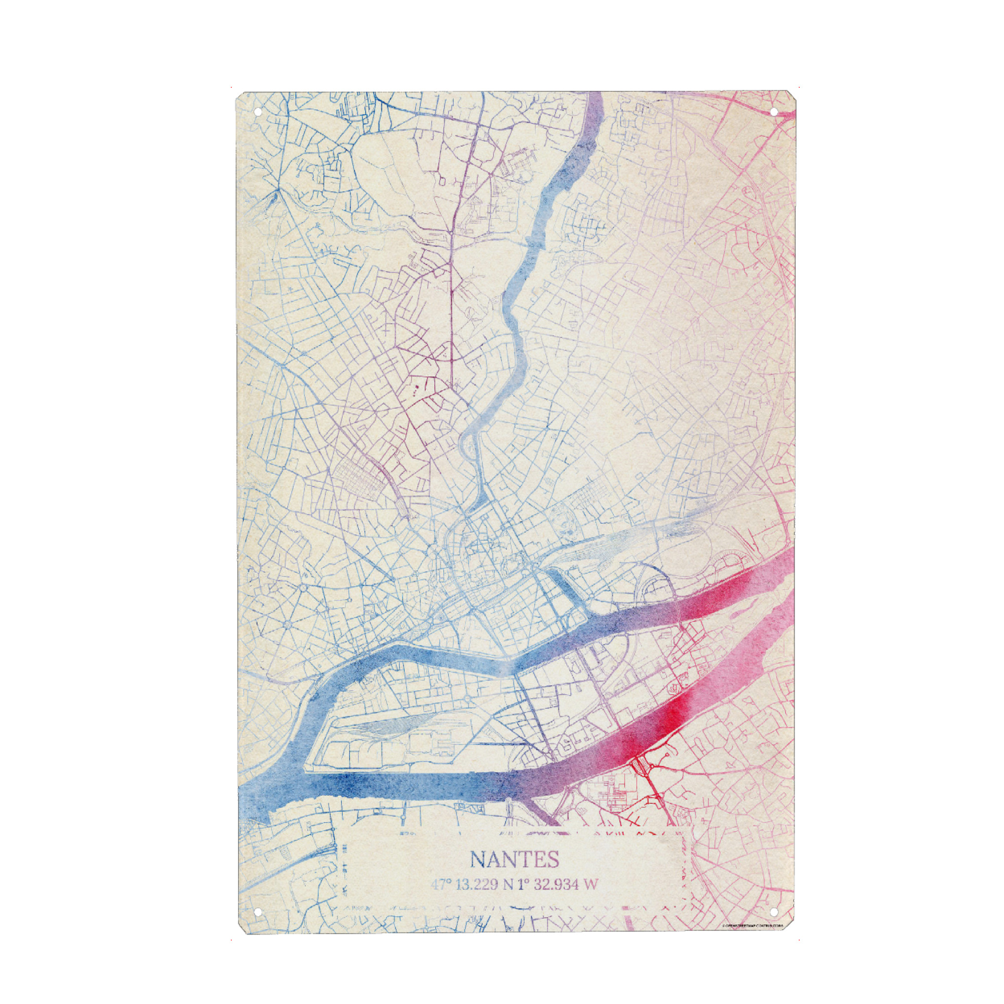 Metall Poster "Nantes Frankreich Map Rose And Serenity I" artboxONE - Städte,Reise,Kartografie - Städte,Stadtkarte,Wasserfarbe,Rosequartz
