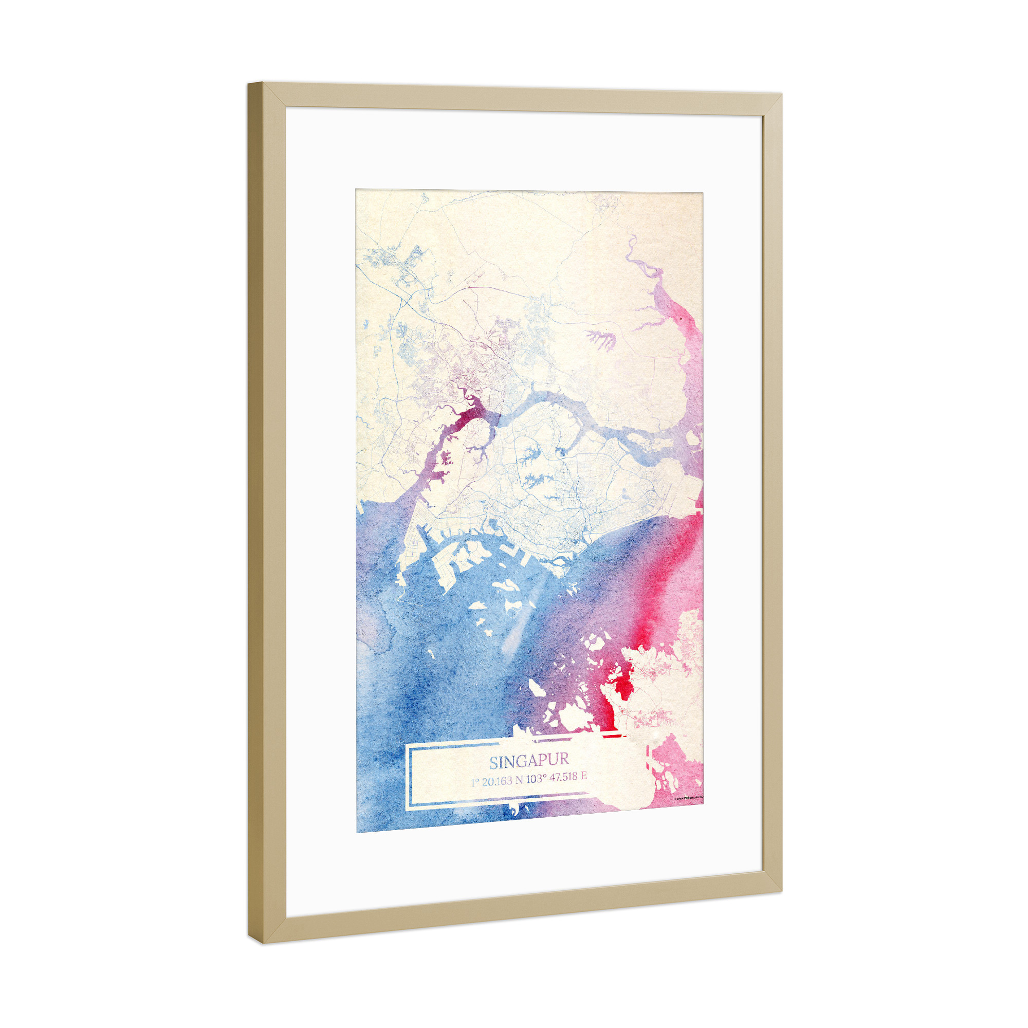 Poster mit Rahmen Gold "Singapur Map Rose And Serenity I" artboxONE - Städte,Reise,Kartografie - Städte,Stadtkarte,Wasserfarbe,Rosequartz