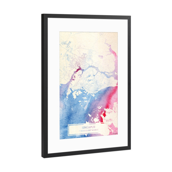 Poster mit Rahmen Schwarz (Metallic) "Singapur Map Rose And Serenity I" artboxONE - Städte,Reise,Kartografie