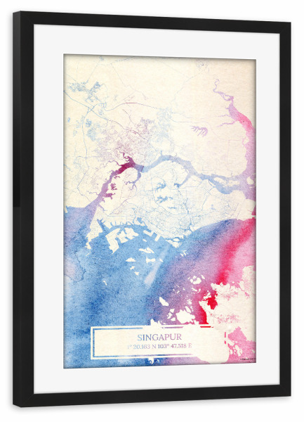 Poster mit Rahmen schwarz "Singapur Map Rose And Serenity I" artboxONE - Städte,Reise,Kartografie - Städte,Stadtkarte,Wasserfarbe,Rosequartz