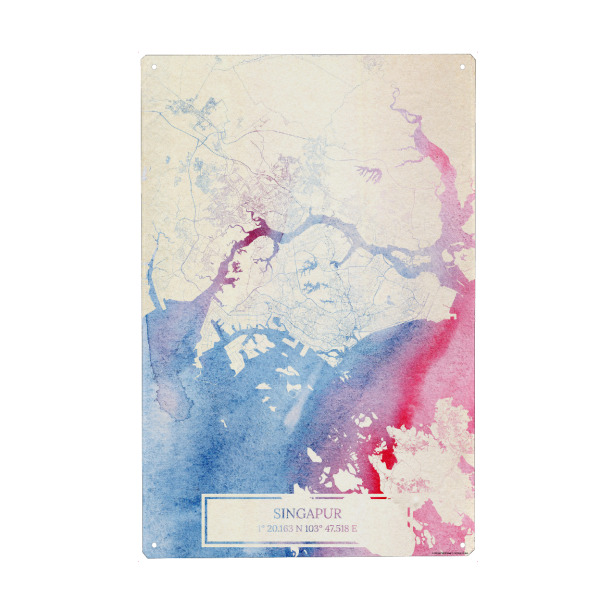 Holzbild "Singapur Map Rose And Serenity I" artboxONE - Städte,Reise,Kartografie - Städte,Stadtkarte,Wasserfarbe,Rosequartz
