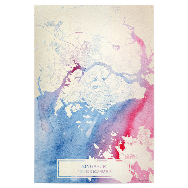 Poster "Singapur Map Rose And Serenity I" artboxONE - Städte,Reise,Kartografie - Städte,Stadtkarte,Wasserfarbe,Rosequartz
