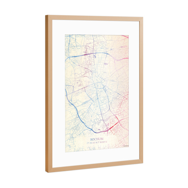 Poster mit Rahmen Kupfer "Bochum Deutschland Map Rose And Serenity I" artboxONE - Städte,Reise,Kartografie