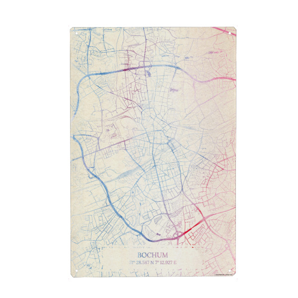 Holzbild "Bochum Deutschland Map Rose And Serenity I" artboxONE - Städte,Reise,Kartografie - Städting,Stadtkarte,Wasserfarbe,Rosequartz