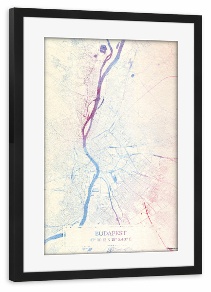 Poster mit Rahmen schwarz "Budapest Ungarn Map Rose And Serenity I" artboxONE - Städte,Reise,Kartografie - Städte,Stadtkarte,Wasserfarbe,Rosequartz