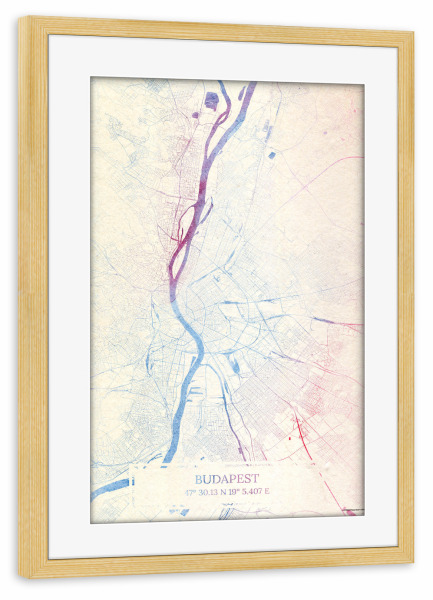 Poster mit Rahmen kiefer "Budapest Ungarn Map Rose And Serenity I" artboxONE - Städte,Reise,Kartografie - Städte,Stadtkarte,Wasserfarbe,Rosequartz