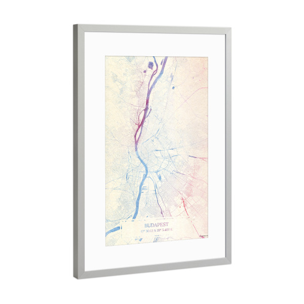 Poster mit Rahmen Silber "Budapest Ungarn Map Rose And Serenity I" artboxONE - Städte,Reise,Kartografie - Städte,Stadtkarte,Wasserfarbe,Rosequartz